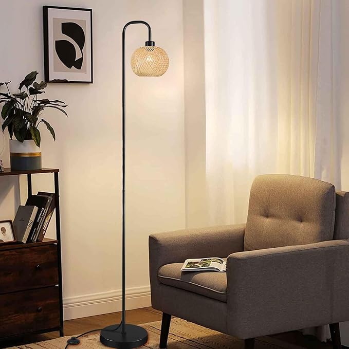 Boho Floor Lamp for Living Room, Industrial Standing Lamp with Handmade Rattan Natural Bamboo Lantern Mini Shade, Tall Pole Light with E26 Socket for Bedroom, Farmhouse,Black(NO Bulb) - LeafyLoom