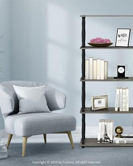 Furinno Turn-N-Tube 5-Tier Multipurpose Shelf Display Rack with Classic Tubes, French Oak Grey/Black - LeafyLoom