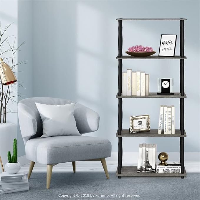 Furinno Turn-N-Tube 5-Tier Multipurpose Shelf Display Rack with Classic Tubes, French Oak Grey/Black - LeafyLoom