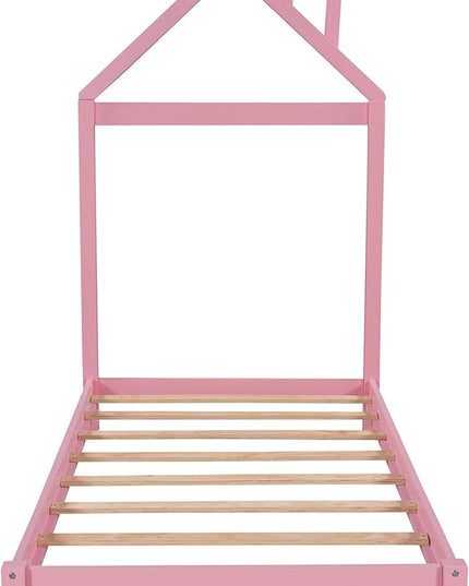 Jintop Twin Size Wood Platform Chimney and House-Shaped Headboard,Bedroom Furniture Bed Frame W/ 10 Slat Support,Easy to Install,for Teens Kids Girls Boys,Pink - LeafyLoom