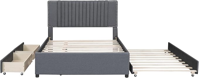Full Size Linen Upholstered Platform Bed with 2 Drawers and Twin Size Trundle,Solid Wood Bed Frame w/Classic Headboard Design,for Bedroom,Apartment,Living Room,Gray - LeafyLoom