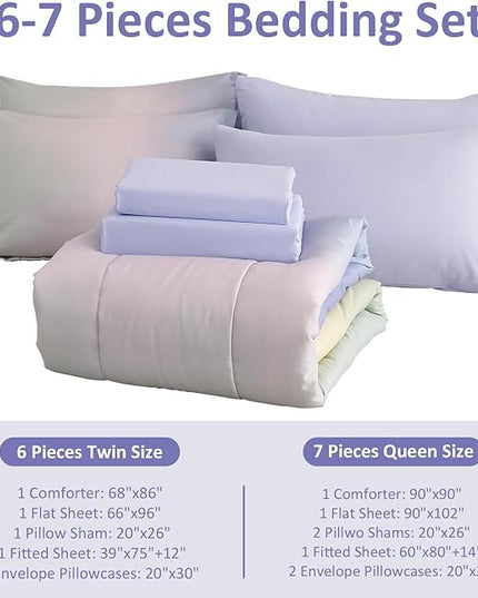 Dinjoy Girls Comforter Set Full Size Colorful Rainbow Ombre Pink Purple Green Bedding Set Gradient 7 Pieces Bed in A Bag for Kids Teen Girl Women(1 Comforter, 1 Flat Sheet, 1 Fitted Sheet) - LeafyLoom