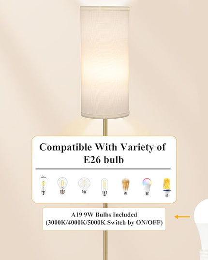BoostArea Floor Lamp for Living Room with 3 Color Temperatures Bulb, Modern Floor Lamps, Classic Tall Lamp for Office, Standing Lamps for Bedroom, Kids Room, Study(9W LED Bulb, White Linen Shade) - LeafyLoom