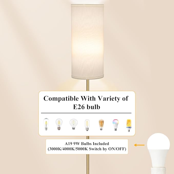 BoostArea Floor Lamp for Living Room with 3 Color Temperatures Bulb, Modern Floor Lamps, Classic Tall Lamp for Office, Standing Lamps for Bedroom, Kids Room, Study(9W LED Bulb, White Linen Shade) - LeafyLoom