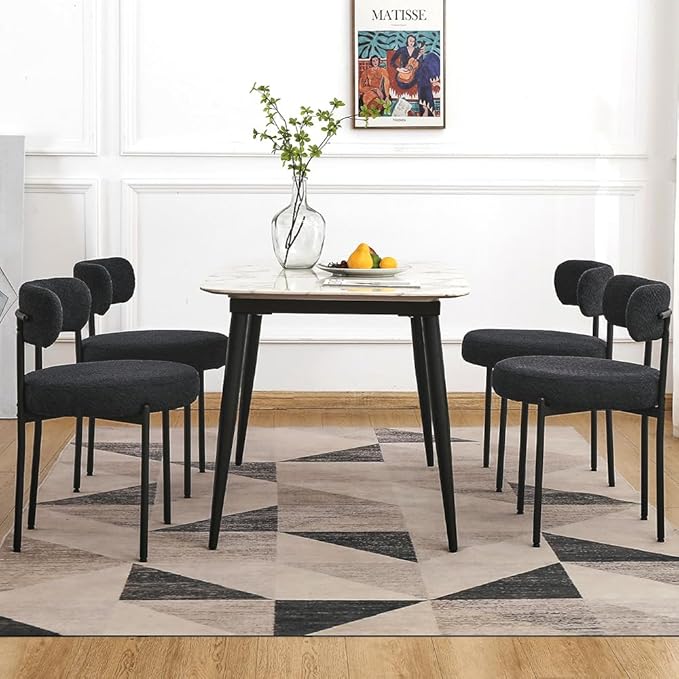 EDWELL Black Boucle Dining Chairs Set of 4, Mid Century Modern Dining Room Chairs with 3.94“ Cushions, Round Upholstered Kitchen Chairs with Black Metal Legs for Dining Chair, Living Room - LeafyLoom