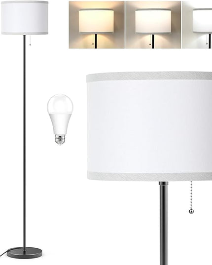 Floor Lamp for Living Room, 3 Color Temperature LED Floor Lamp, Modern Simple Standing Lamp for Bedroom, Pull Chain Tall Lamp with White Lampshade, Minimalist Pole Lamp Stand Up Lamp for Home Office - LeafyLoom