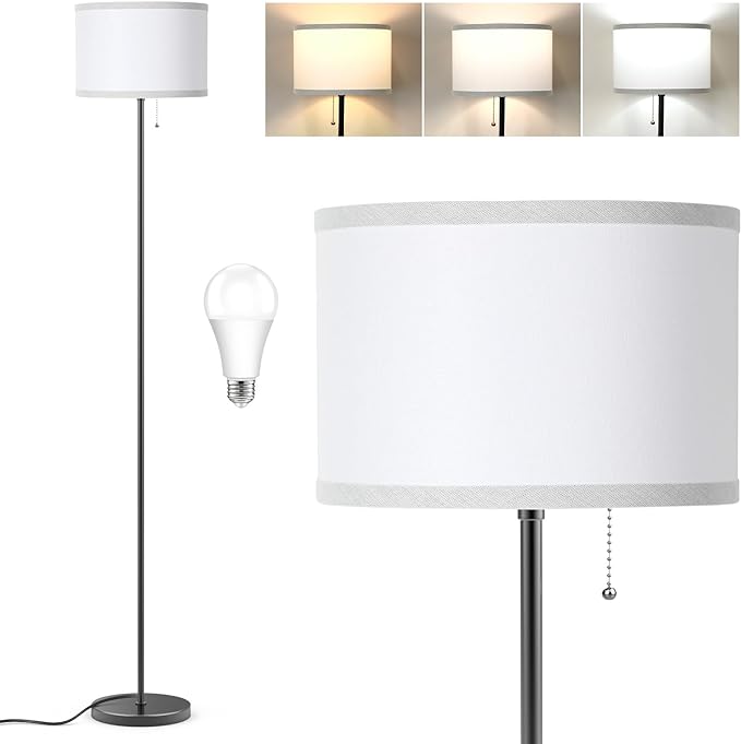 Floor Lamp for Living Room, 3 Color Temperature LED Floor Lamp, Modern Simple Standing Lamp for Bedroom, Pull Chain Tall Lamp with White Lampshade, Minimalist Pole Lamp Stand Up Lamp for Home Office - LeafyLoom
