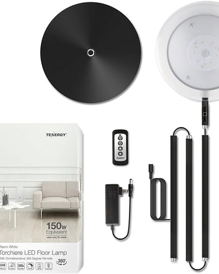 Tenergy Modern Torchiere Floor Lamp, 3000L LED, 30W, Remote Control, Touch Dimmer, 90° Adjustable, Warm White - LeafyLoom