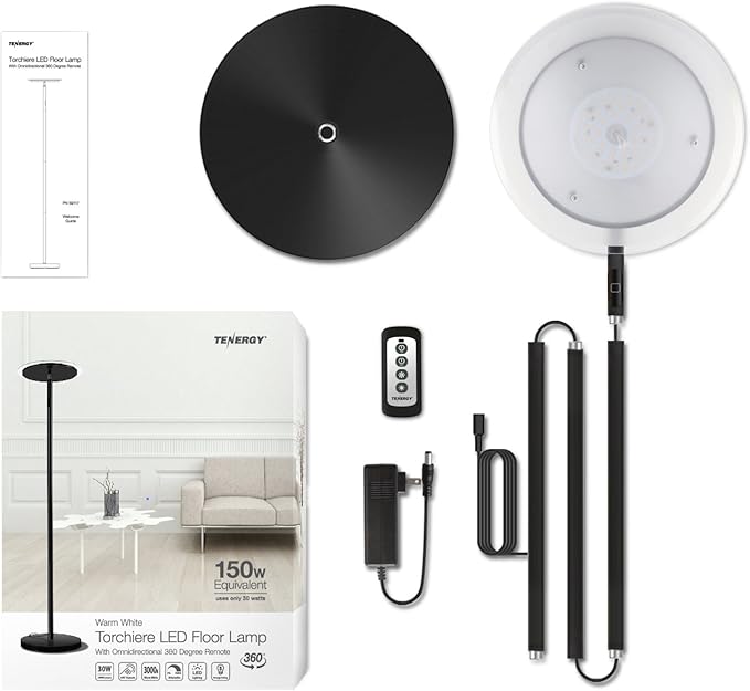Tenergy Modern Torchiere Floor Lamp, 3000L LED, 30W, Remote Control, Touch Dimmer, 90° Adjustable, Warm White - LeafyLoom