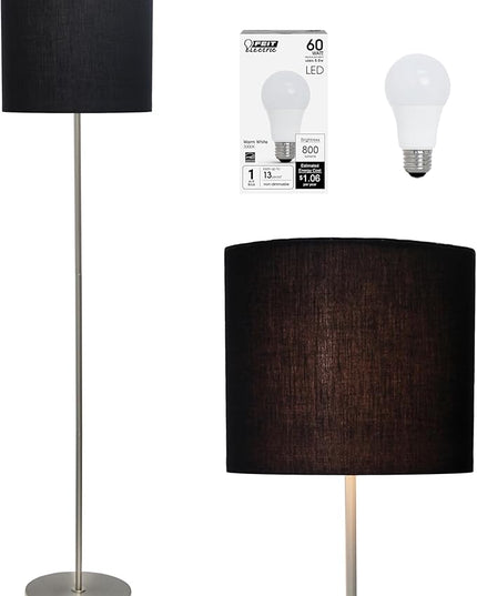 Simple Designs LF2004-BLK-LB 57" Traditional Brushed Nickel Stick Floor Lamp with Black Shade for Living Room, Hallway, Entryway, Bedroom, Office, with Feit LED Bulb Included - LeafyLoom