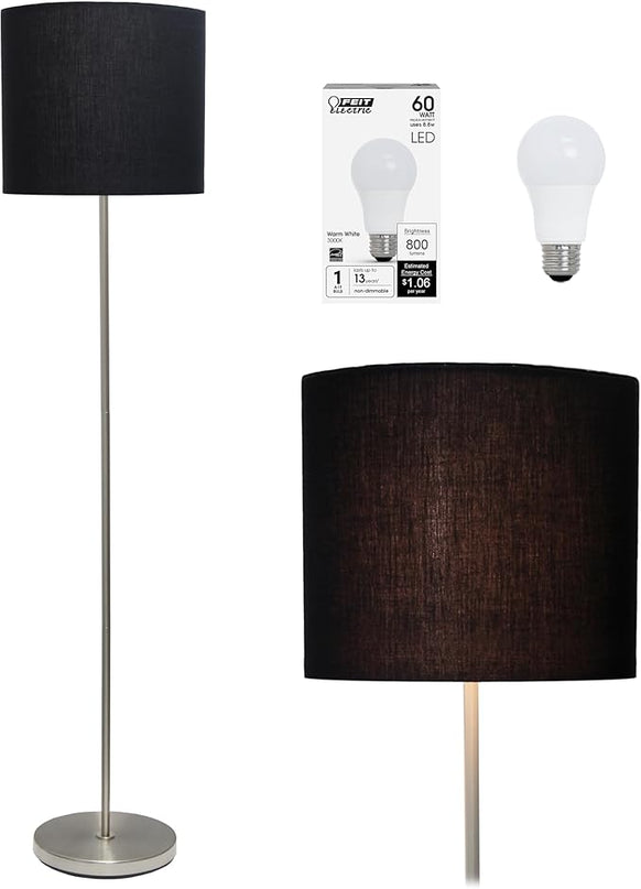 Simple Designs LF2004-BLK-LB 57" Traditional Brushed Nickel Stick Floor Lamp with Black Shade for Living Room, Hallway, Entryway, Bedroom, Office, with Feit LED Bulb Included - LeafyLoom