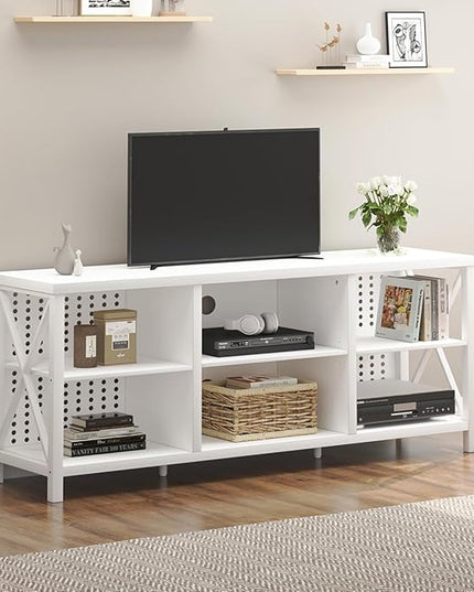 LVB White TV Stand for 75 Inch TV, Large Industrial Wood Entertainment Center with Storage Cabinet, Long Modern Metal Television Stands Console Table for Home Living Room Bedroom, White Oak, 63 Inch - LeafyLoom