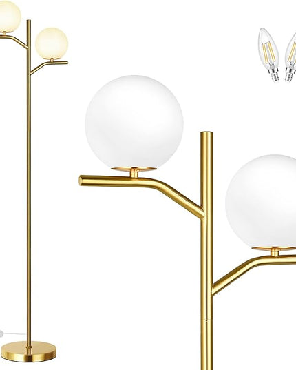 QiMH Modern Floor Lamp for Living Room, Gold Standing Lamp for Bedroom with Globe Glass Shade, 68" Mid-Century Tall Pole Tree Lamps Light Home Decor, Antique Brass(LED Bulbs Included) - LeafyLoom