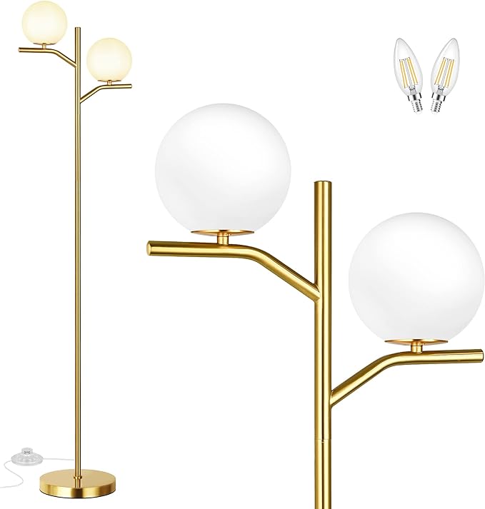 QiMH Modern Floor Lamp for Living Room, Gold Standing Lamp for Bedroom with Globe Glass Shade, 68" Mid-Century Tall Pole Tree Lamps Light Home Decor, Antique Brass(LED Bulbs Included) - LeafyLoom