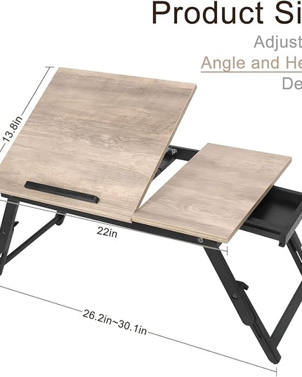 Bamboo Laptop Desk Bed Tray Table Adjustable Table for Computer Tilting Top Foldable Leg with Drawer - LeafyLoom