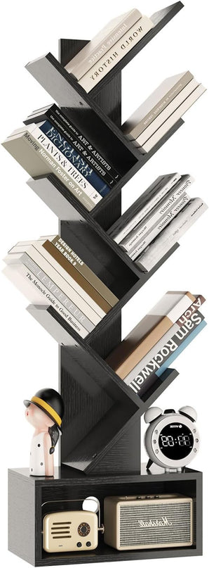 YMYNY 6 Tier Tree Bookshelf, Tall Bookcase, Wood Book Storage Rack with Drawer, Modern Floor Standing Book Shelf for Books/Movies/CDs, Utility Organizer for Living Room, Home Office, Black UHBC016B - LeafyLoom