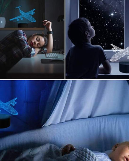 Airplane Night Light 3D Plane Illusion Lamp 7 Color Changing Touch Control with USB Cable LED Fighter Toy Table Desk Decor Lamps for Men Boys Kids Christmas Birthday Gifts - LeafyLoom