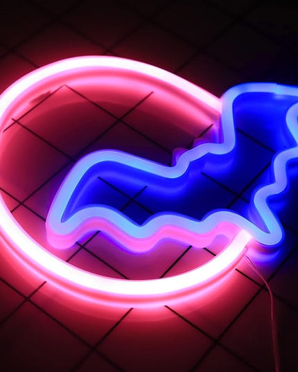 Bat Neon Signs Halloween Decorations, Moon&Bat LED Neon Lights for Wall Decor Battery/USB Operated Night Lights Bat&Moon Lamp for Home, Christmas, Teen Kids Game Room Decor (Pink Moon&Blue Bat) - LeafyLoom