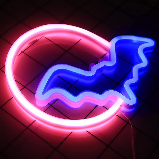 Bat Neon Signs Halloween Decorations, Moon&Bat LED Neon Lights for Wall Decor Battery/USB Operated Night Lights Bat&Moon Lamp for Home, Christmas, Teen Kids Game Room Decor (Pink Moon&Blue Bat) - LeafyLoom