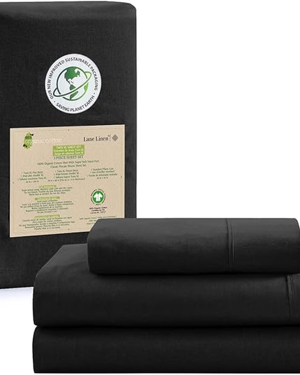 LANE LINEN 100% Organic Cotton Twin Bed Sheet Set, 3 Pc Twin Size Sheets Set, Soft & Breathable Twin Sheet Set Boys, Hotel Style Bedding Sheets & Pillowcases, 15" Deep Twin Fitted Sheet - Black - LeafyLoom