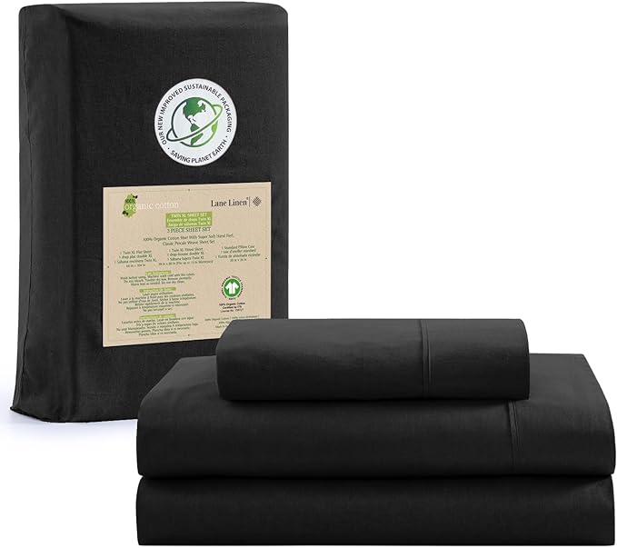 LANE LINEN 100% Organic Cotton Twin Bed Sheet Set, 3 Pc Twin Size Sheets Set, Soft & Breathable Twin Sheet Set Boys, Hotel Style Bedding Sheets & Pillowcases, 15" Deep Twin Fitted Sheet - Black - LeafyLoom