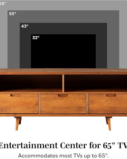 Walker Edison 3-Drawer Mid Century Modern Wood TV Stand for TV's up to 65" Flat Screen Cabinet Door Living Room Storage Entertainment Center, 58 Inch, Caramel - LeafyLoom