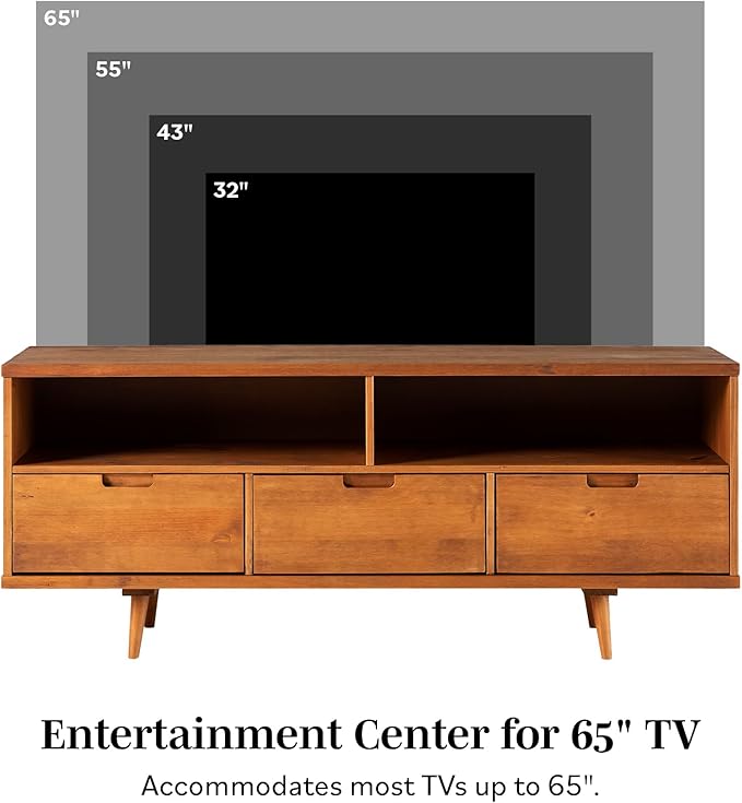 Walker Edison 3-Drawer Mid Century Modern Wood TV Stand for TV's up to 65" Flat Screen Cabinet Door Living Room Storage Entertainment Center, 58 Inch, Caramel - LeafyLoom