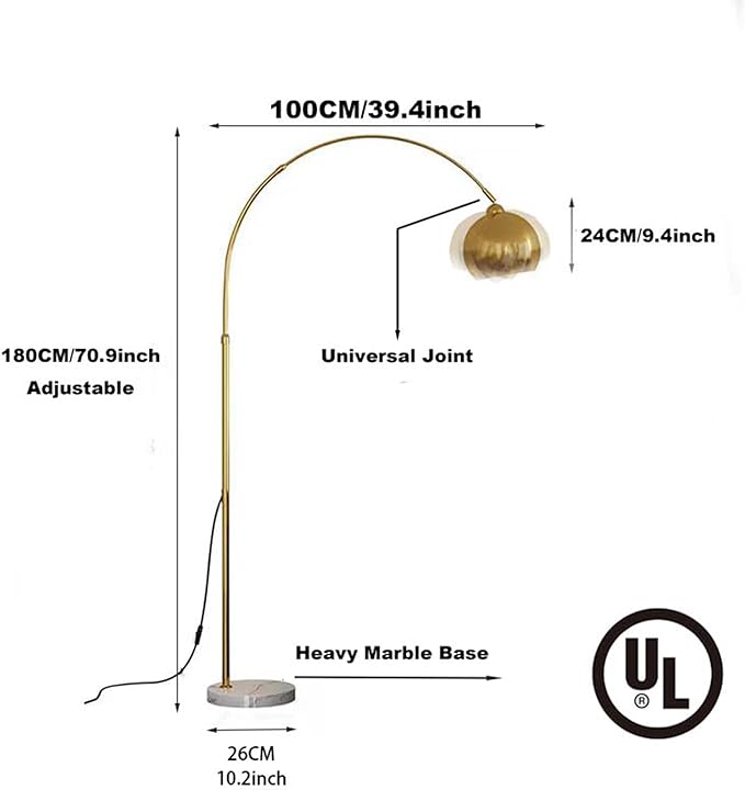 LightInTheBox Gold Modern Arc Floor Lamp, 70.9in Arc Floor Lamp with Inner Gold Metal Shade and White Marble Base, Arc Lamps Floor Standing with 5W Bulb, Over Couch Lamp for Living Room, Bedroom - LeafyLoom