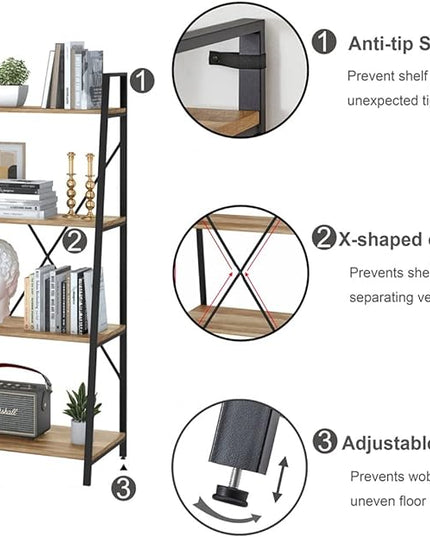 BON AUGURE Farmhouse Ladder Shelf Bookcase, 4 Tier Rustic Ladder Bookshelf, Standing Leaning Book Shelves for Living Room (Vintage Oak) - LeafyLoom