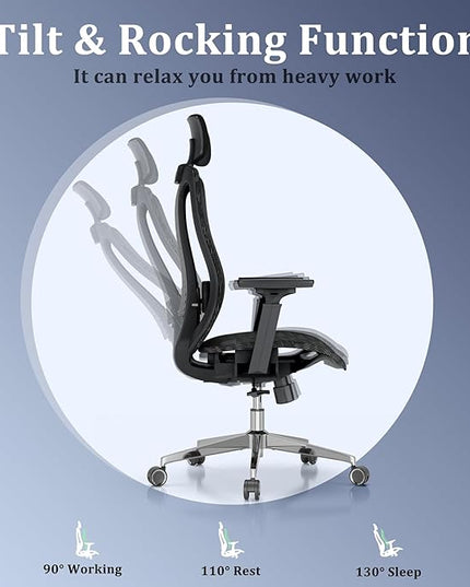 Ergonomic mesh Office Chair, Computer Desk Chair with 3D Armrests, Adjustable Lumbar Cushion & 2D Headrest, Black High Back office chair with Tilt Function, Mesh Backrest & Seat - LeafyLoom