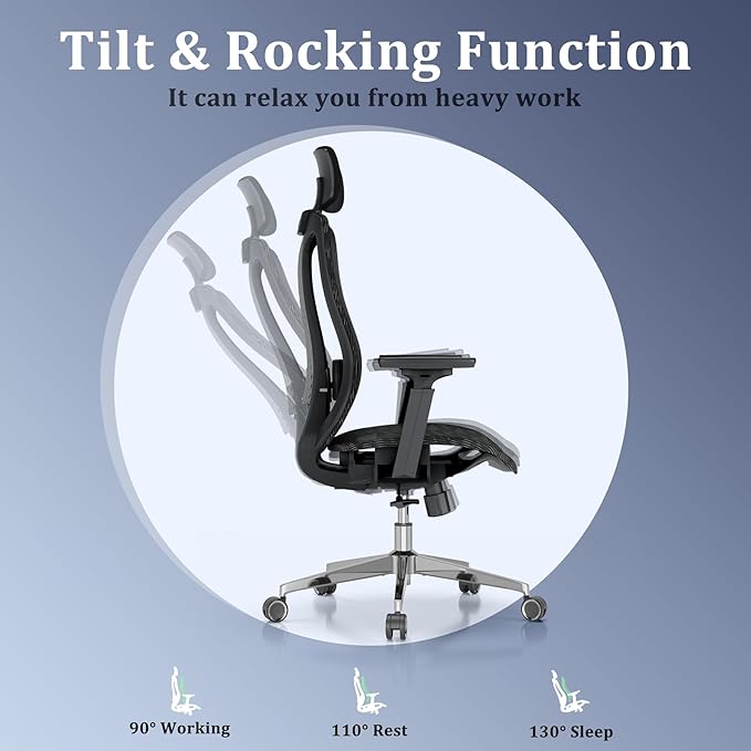 Ergonomic mesh Office Chair, Computer Desk Chair with 3D Armrests, Adjustable Lumbar Cushion & 2D Headrest, Black High Back office chair with Tilt Function, Mesh Backrest & Seat - LeafyLoom