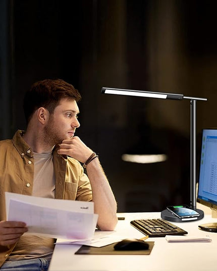 AFROG 8 in1 Multifunctional LED Desk Lamp with 10W Fast Wireless Charger,USB Charging Port, Night Light, 1200Lux Super Bright, 3 Lighting Mode, 5 Brightness,30/60 Min Timer, 12W Office Table Lamp - LeafyLoom