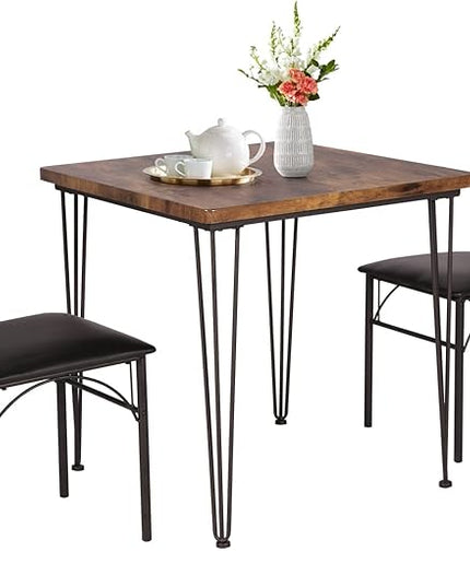 VECELO 3 Piece Kitchen Room Chairs Set for Dinette, Breakfast Nook, Farmhouse, Small Space, Modern Industrial Style, Dining Table for 2, Vintage Brown - LeafyLoom