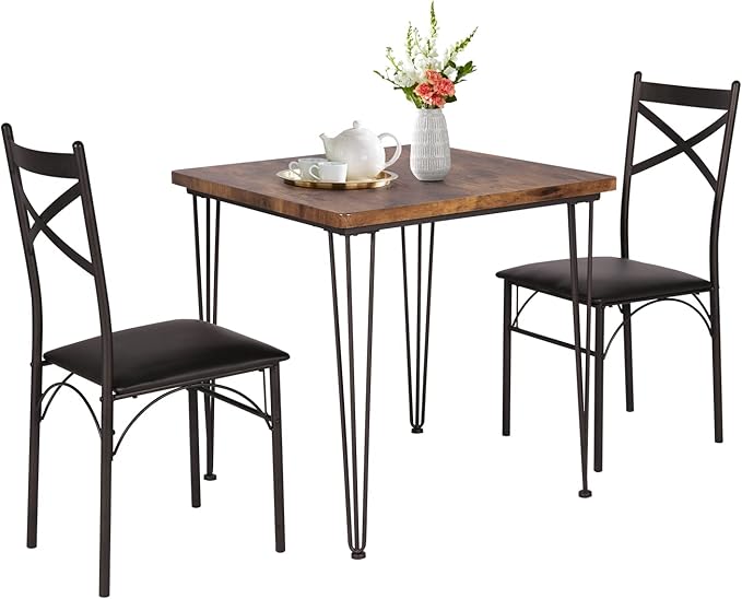 VECELO 3 Piece Kitchen Room Chairs Set for Dinette, Breakfast Nook, Farmhouse, Small Space, Modern Industrial Style, Dining Table for 2, Vintage Brown - LeafyLoom