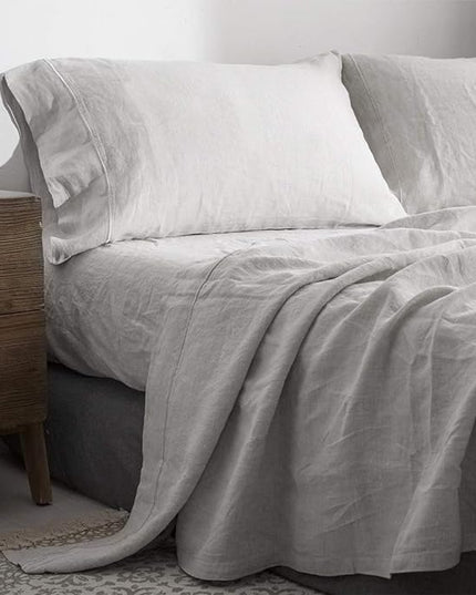 Simple&Opulence 100% Washed Linen Sheet Set-King Size-Natural France Flax Bed Sheet-4 Pcs Breathable,Ultra Soft,Farmhouse Bedding (1 Flat Sheet,1 Fitted Sheet,2 Pillowcases)-Embroidery Grey - LeafyLoom