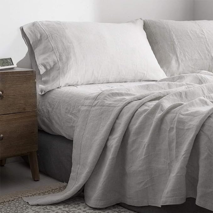 Simple&Opulence 100% Washed Linen Sheet Set-King Size-Natural France Flax Bed Sheet-4 Pcs Breathable,Ultra Soft,Farmhouse Bedding (1 Flat Sheet,1 Fitted Sheet,2 Pillowcases)-Embroidery Grey - LeafyLoom