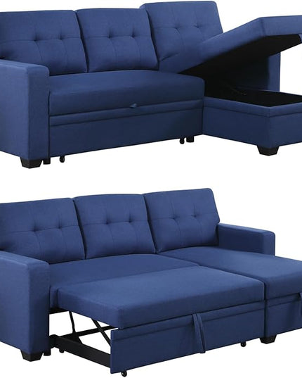 4-in-1 L Shaped Pull Out Convertible Modular Sectional Sofa Bed for Living Room Furniture Sets, Comfy Couch with Reversible Storage Chaise Upholstered for Apartment, Studio, Office - Blue - LeafyLoom