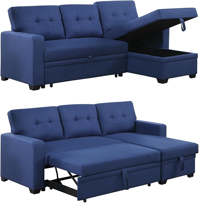 4-in-1 L Shaped Pull Out Convertible Modular Sectional Sofa Bed for Living Room Furniture Sets, Comfy Couch with Reversible Storage Chaise Upholstered for Apartment, Studio, Office - Blue - LeafyLoom