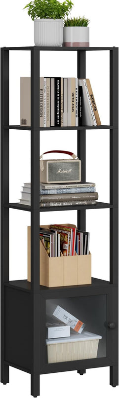 TUTOTAK 5 Tier Bookcase and Bookshelf, Narrow Book shelf with Door for Small Space, for Living Room, Office, Study, Entryway, Black BS03BK005 - LeafyLoom