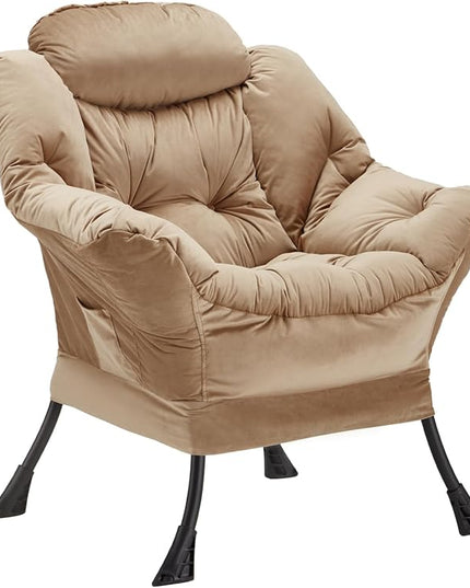 Lazy Chair Thick Padded, Accent Chair Velvet Upholstered with Wide Seat, Stable Metal Frame and Non-Slip Pad, Modern Sofa Armchair with Side Storage Bag for Dorm, Room, Office, Khaki - LeafyLoom