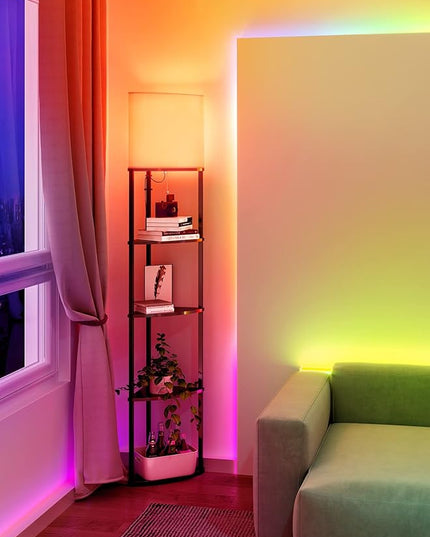 addlon Smart 5-Tier Shelf Floor Lamp with RGB Bulb and White Lamp Shade - Corner Display Floor Lamps with Shelves for Living Room, Bedroom and Office - Black - LeafyLoom