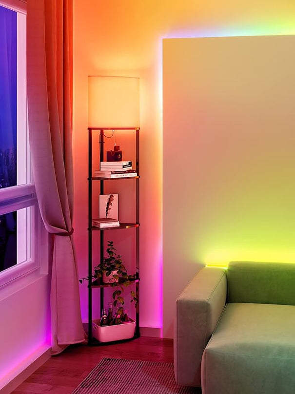 addlon Smart 5-Tier Shelf Floor Lamp with RGB Bulb and White Lamp Shade - Corner Display Floor Lamps with Shelves for Living Room, Bedroom and Office - Black - LeafyLoom