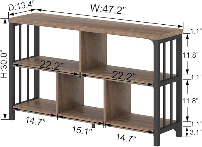 IBF 5 Cube Storage Organizer, Industrial Low Horizontal Bookshelf, Modern Wide Wood and Metal Bookcase with Book Storage, Short Open Cubby Book Shelf for Office Bedroom Living Room, Rustic Oak, 47 in - LeafyLoom