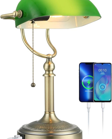 Newrays Green Glass Bankers Desk Lamp with Pull Chain Switch Plug in Fixture,USB Fast Charging Port - LeafyLoom