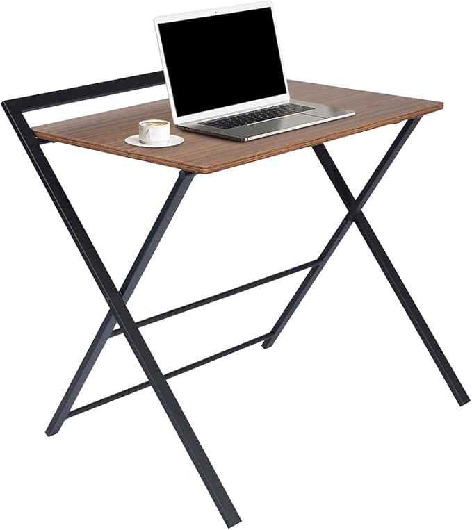 Folding Desk, Foldable Table Space Saving Computer Sturdy Writing Table Workstation for Home Office with Metal Frames/Wood Top Laptop, No Assembly Required, Brown - LeafyLoom