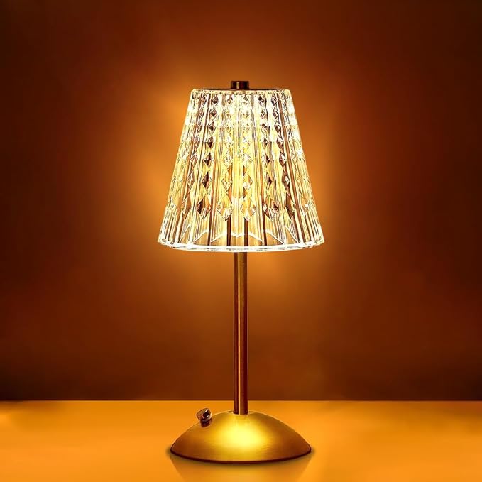 Portable Crystal LED Table Lamp, 3-Levels Brightness Desk Lamp, 3 Color Touch Control Rechargeable Lamp, Night Light, Bedside Lamp,Dining Room Lamp (Gold) - LeafyLoom