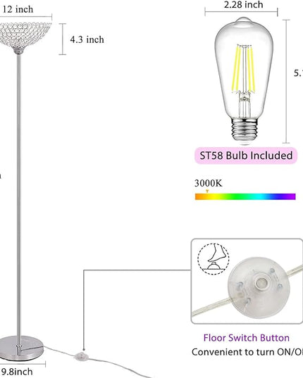 Spherical Crystal Floor Lamp, 1-Light Modern Chrome Finish Floor Lamp, Crystal Floor Lamp Fixture for Living Room, Bedroom, Dining Room, Office, E26 Base, LED Bulb Included - LeafyLoom
