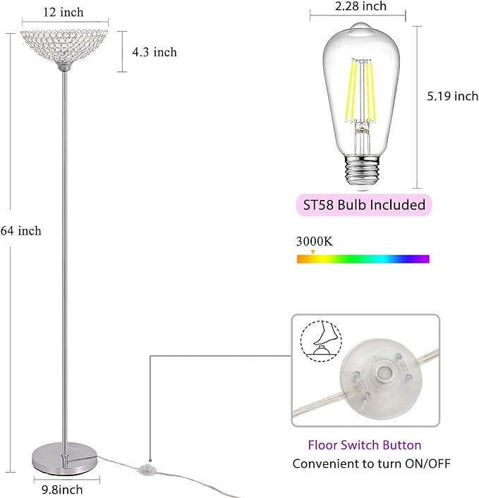 Spherical Crystal Floor Lamp, 1-Light Modern Chrome Finish Floor Lamp, Crystal Floor Lamp Fixture for Living Room, Bedroom, Dining Room, Office, E26 Base, LED Bulb Included - LeafyLoom