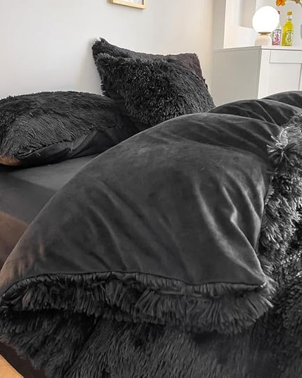 Faux Fur Kids Girls Black Comforter Sets King - 3PC Bed Set Warm Comfortable Soft Plush Flannel Velvet Fluffy Fuzzy Bedding（Comforter x 1 Pillowcases x 2） - LeafyLoom