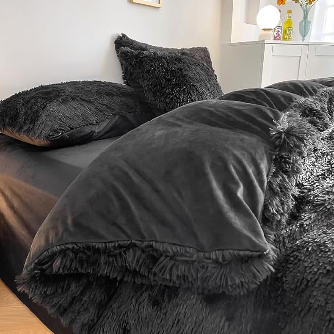 Faux Fur Kids Girls Black Comforter Sets King - 3PC Bed Set Warm Comfortable Soft Plush Flannel Velvet Fluffy Fuzzy Bedding（Comforter x 1 Pillowcases x 2） - LeafyLoom